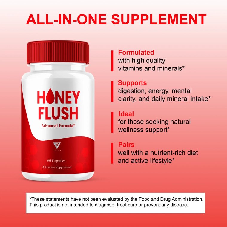 HoneyFlush all-in-one supplement panel listing support for digestion, energy, mental clarity and daily mineral intake