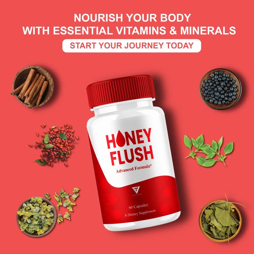 HoneyFlush essential vitamins and minerals panel showing the bottle surrounded by cinnamon, bilberries, marigold, ginkgo and other botanicals