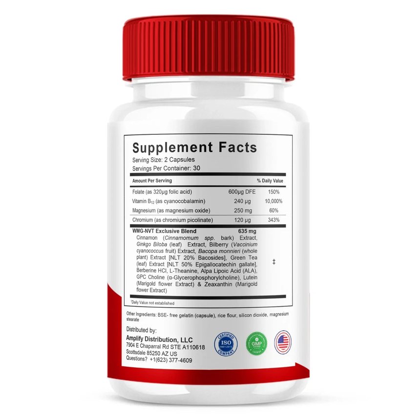HoneyFlush Advanced Formula supplement facts panel listing folate 600 mcg DFE, vitamin B12 240 mcg, magnesium 250 mg, chromium 120 mcg and a 635 mg WMG-NVT Exclusive Blend