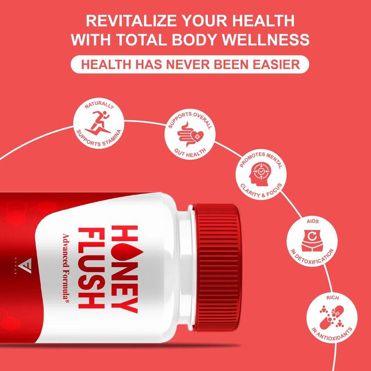 HoneyFlush total body wellness panel listing stamina, gut health, mental clarity and focus, detoxification and antioxidants