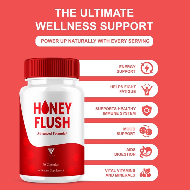 HoneyFlush wellness support panel listing energy support, helps fight fatigue, supports healthy immune system, mood support, aids digestion and vital vitamins and minerals
